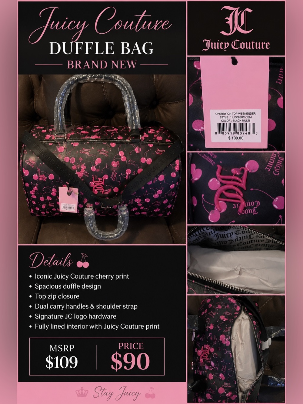 Juicy Couture Black & Hot Pink Cherry Print Weekender Duffle